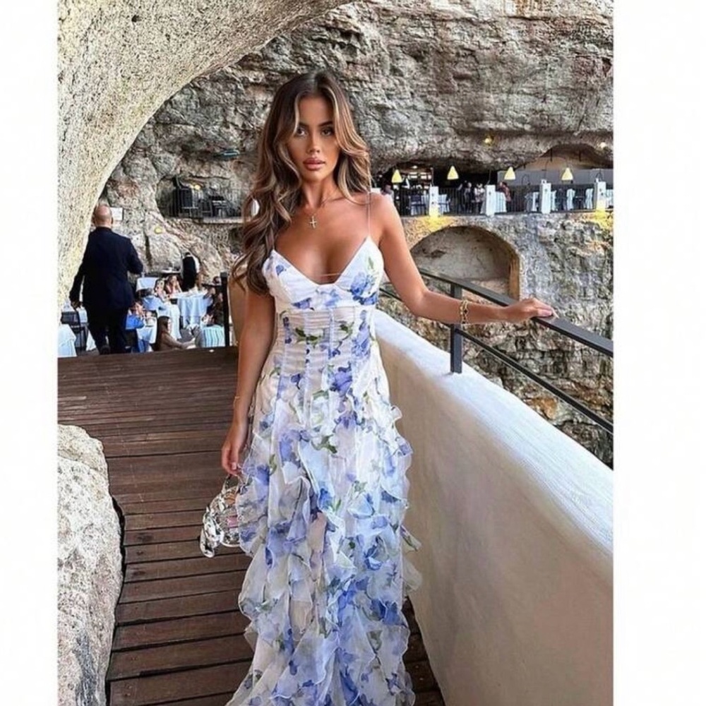 Floral Ruffle Spaghetti-Strap Maxi Dress - White & Blue- Never worn